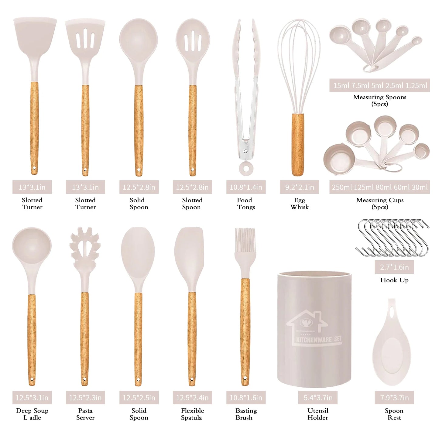 Silicone Cooking Set, 33 Piece Silicone Cooking Set, Non-Stick Heat Resistant, Durable Wooden Handle, Best Kitchen Utensils (Khaki)