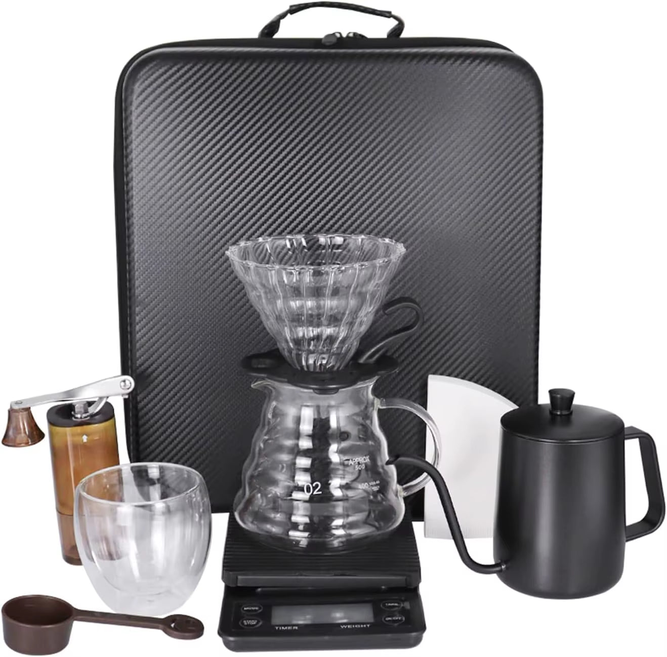 Pour over Coffee Maker Set, Coffee Kettle Scale, Pour over Coffee Dripper, Bean Grinder, Glass Server, Drip Cup, Filter Paper, A