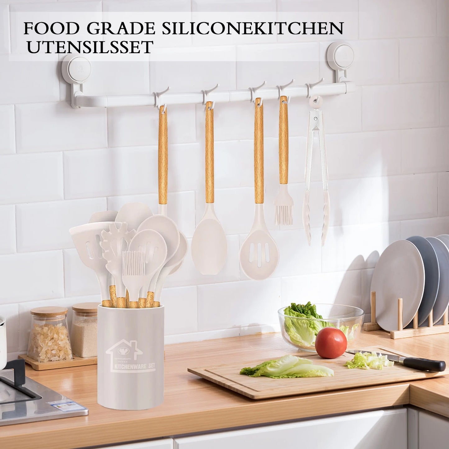 Silicone Cooking Set, 33 Piece Silicone Cooking Set, Non-Stick Heat Resistant, Durable Wooden Handle, Best Kitchen Utensils (Khaki)