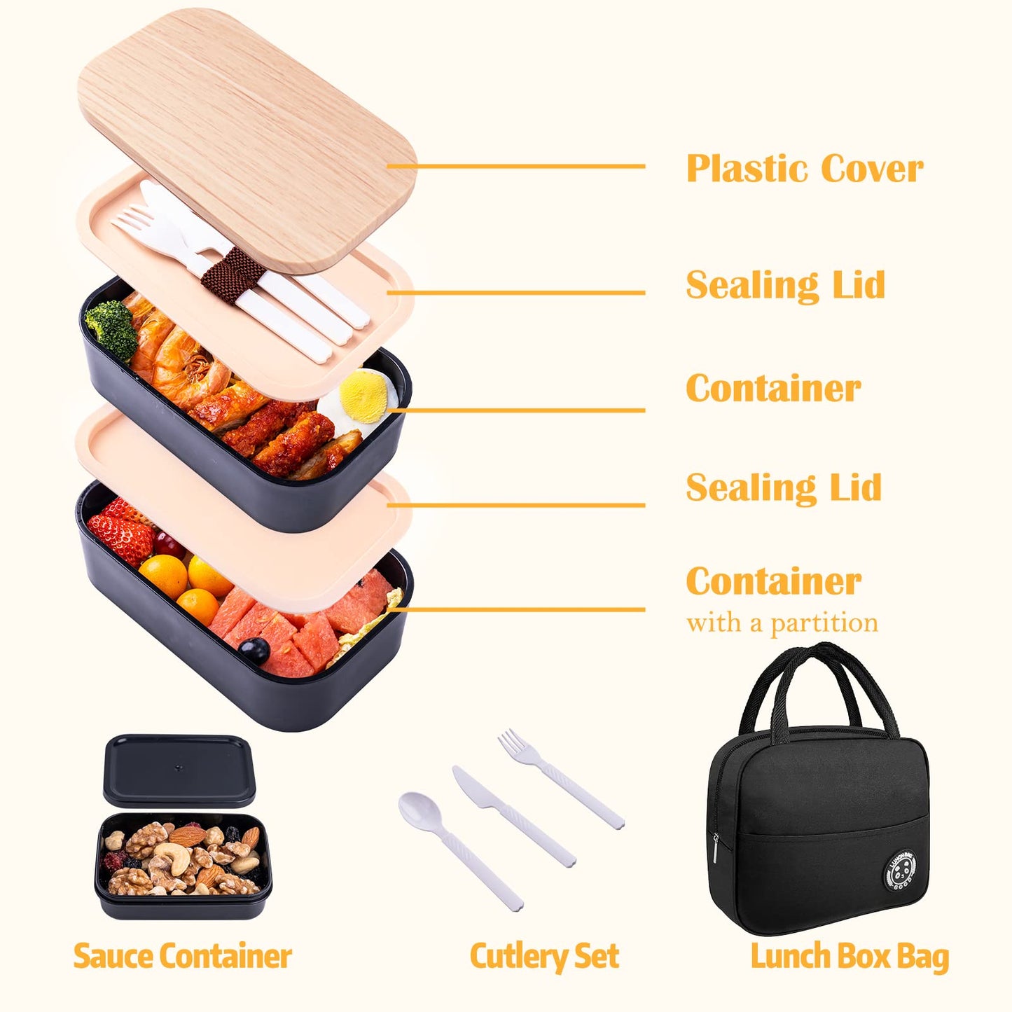 Bento Box with Lunch Bag Microwavable All-in-One Meal Prep Compartment Lunch Containers with Utensils Leak Resistant Lunch Box with Sauce Container 60oz White