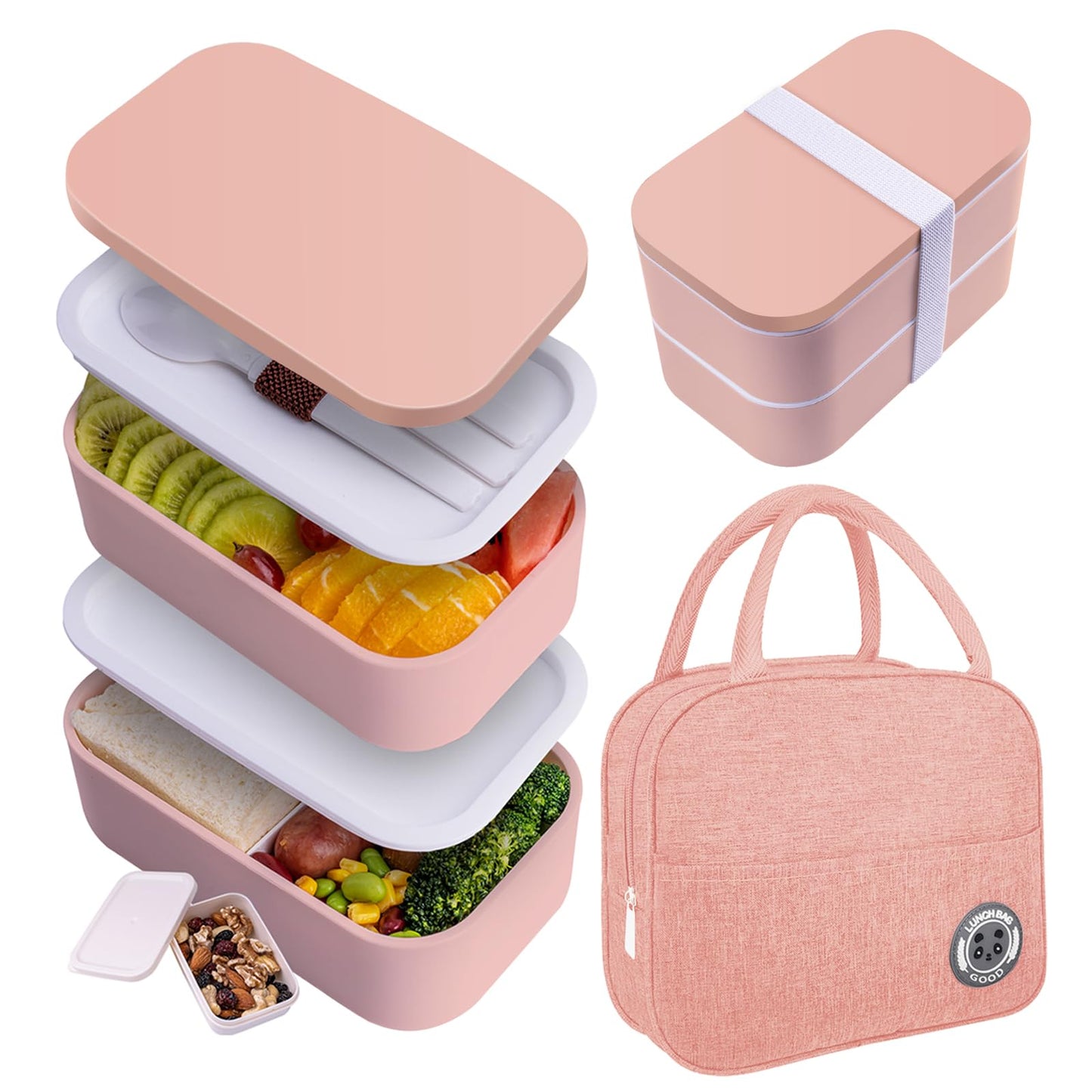 Bento Box with Lunch Bag Microwavable All-in-One Meal Prep Compartment Lunch Containers with Utensils Leak Resistant Lunch Box with Sauce Container 60oz White