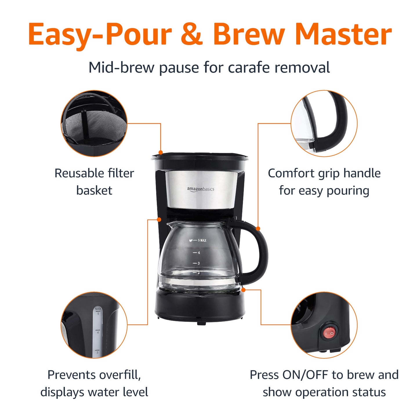 Amazon Basics Programmable 12 Cup Drip Coffee Maker, Coffee Machine with Glass Coffee Pot (1.9 Qt), Auto Shut-off, Touch Screen, Auto Pause, Removable Filter Basket, Black & Silver