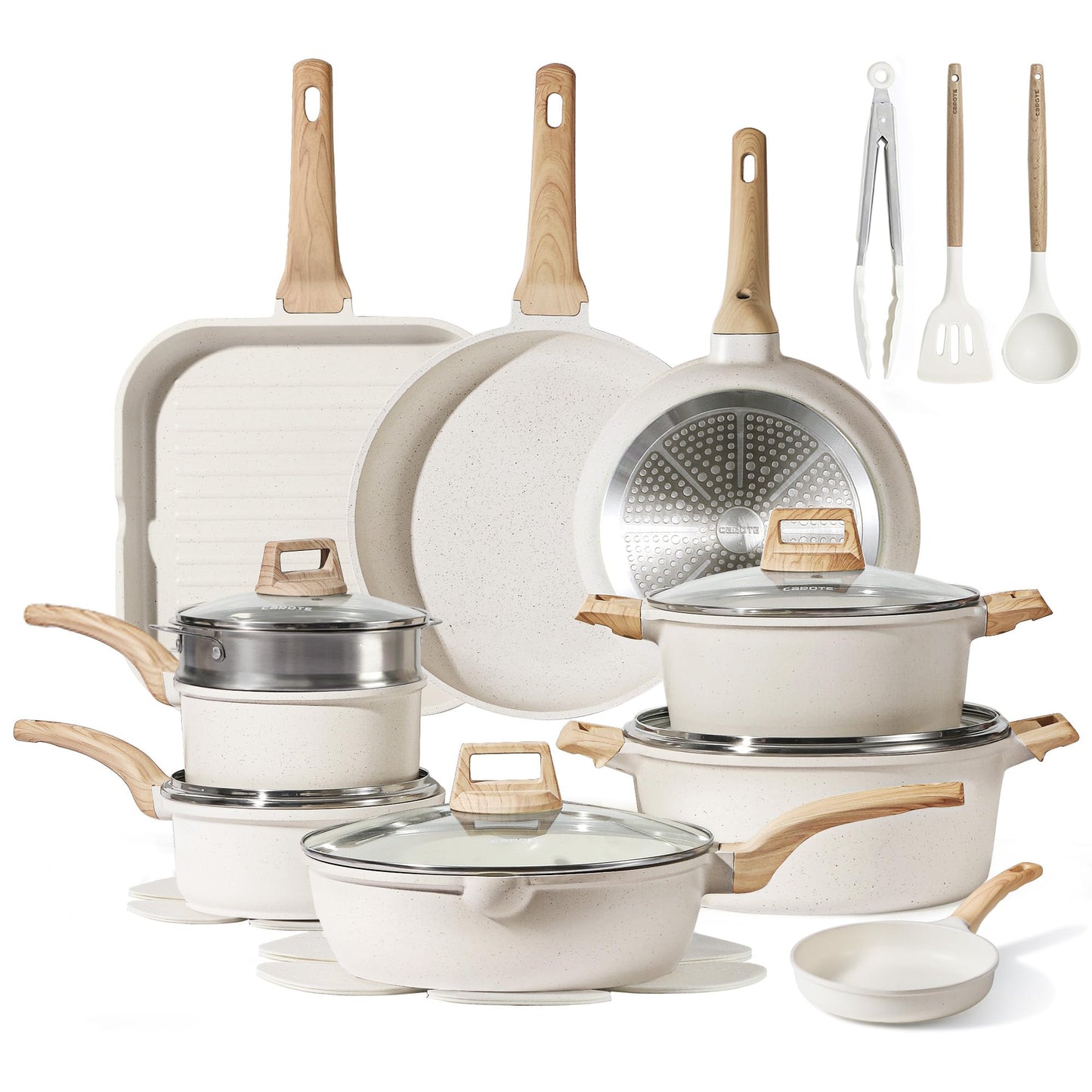 CAROTE 21Pcs Pots and Pans Set, Nonstick Cookware Sets, White Granite Induction Cookware Non Stick Cooking Set w/Frying Pans & Saucepans(PFOS, PFOA Free)