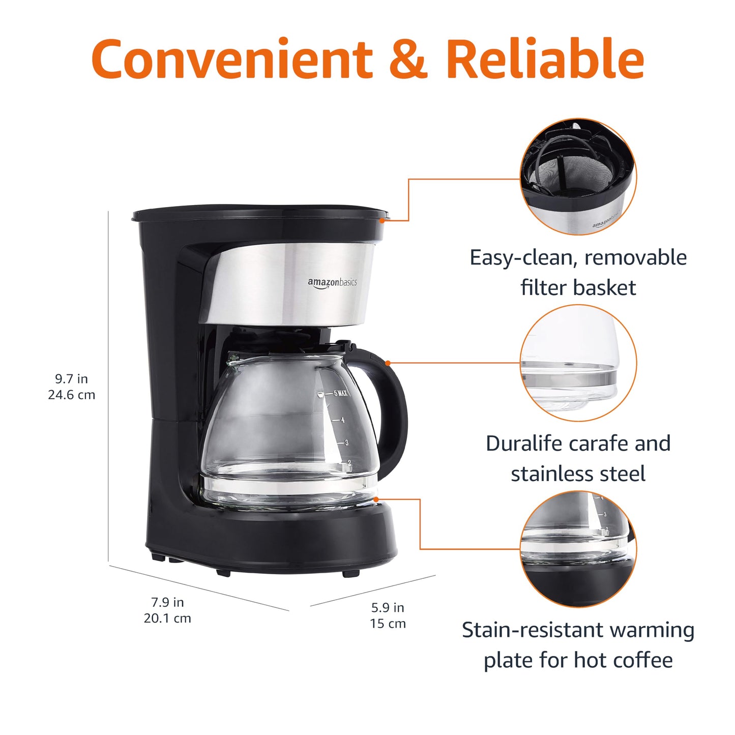 Amazon Basics Programmable 12 Cup Drip Coffee Maker, Coffee Machine with Glass Coffee Pot (1.9 Qt), Auto Shut-off, Touch Screen, Auto Pause, Removable Filter Basket, Black & Silver
