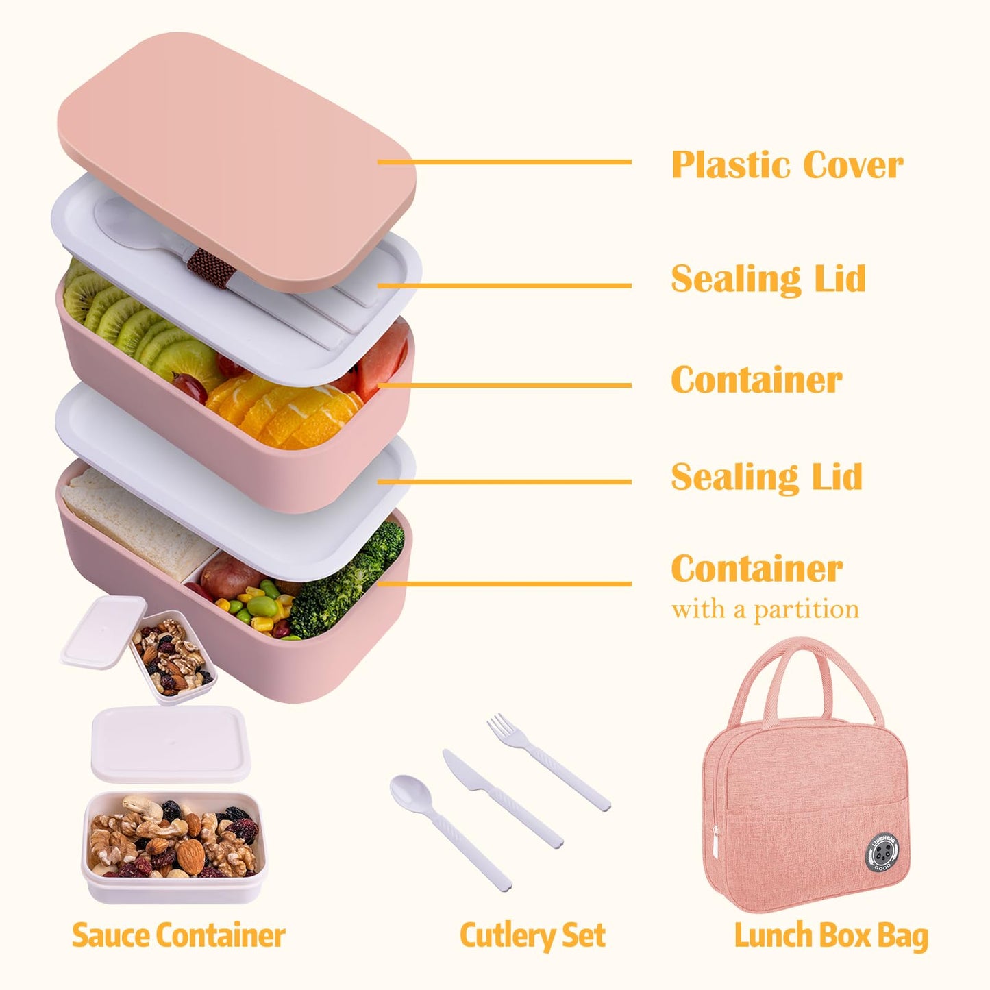 Bento Box with Lunch Bag Microwavable All-in-One Meal Prep Compartment Lunch Containers with Utensils Leak Resistant Lunch Box with Sauce Container 60oz White