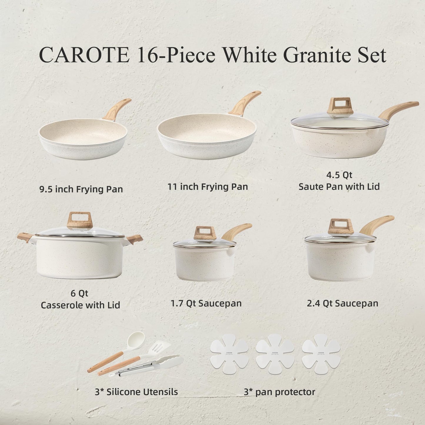 CAROTE 21Pcs Pots and Pans Set, Nonstick Cookware Sets, White Granite Induction Cookware Non Stick Cooking Set w/Frying Pans & Saucepans(PFOS, PFOA Free)
