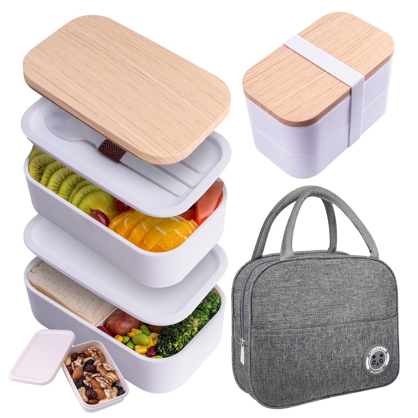 Bento Box with Lunch Bag Microwavable All-in-One Meal Prep Compartment Lunch Containers with Utensils Leak Resistant Lunch Box with Sauce Container 60oz White
