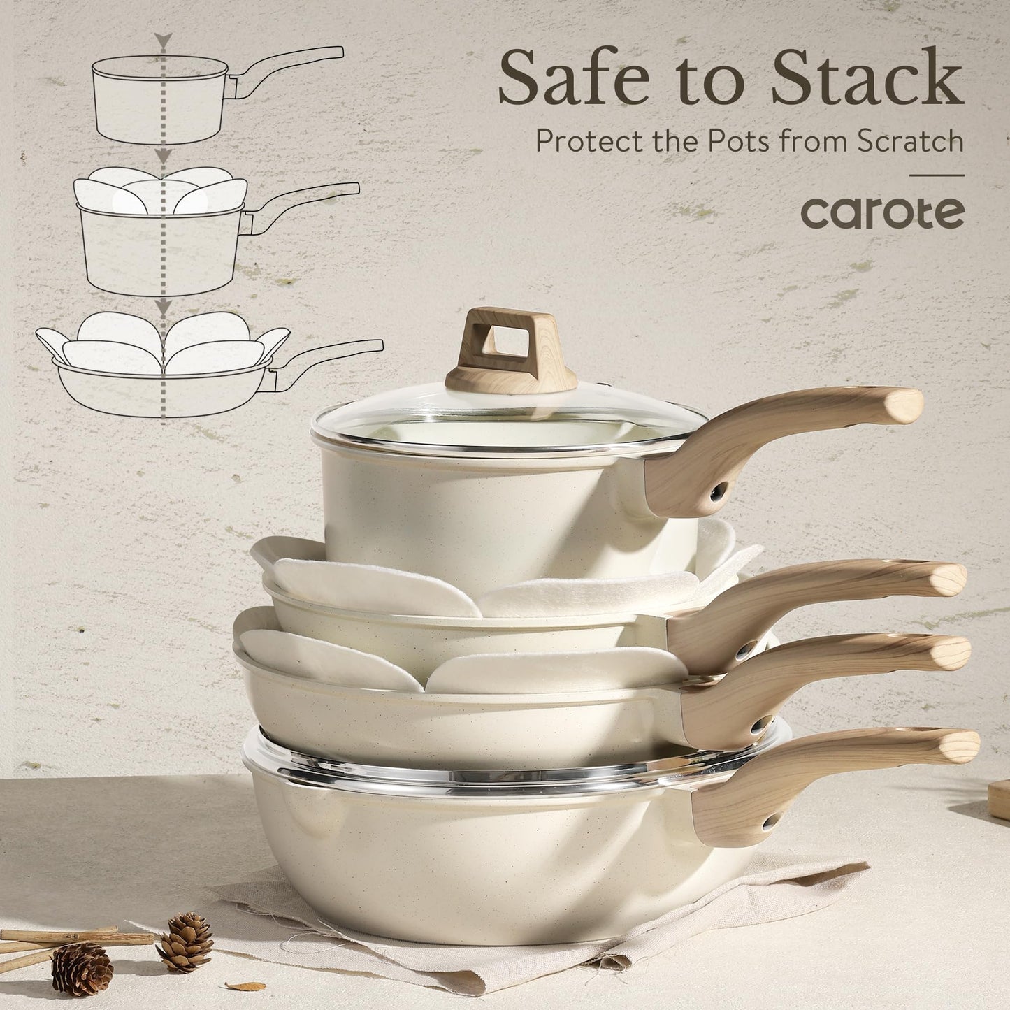 CAROTE 21Pcs Pots and Pans Set, Nonstick Cookware Sets, White Granite Induction Cookware Non Stick Cooking Set w/Frying Pans & Saucepans(PFOS, PFOA Free)