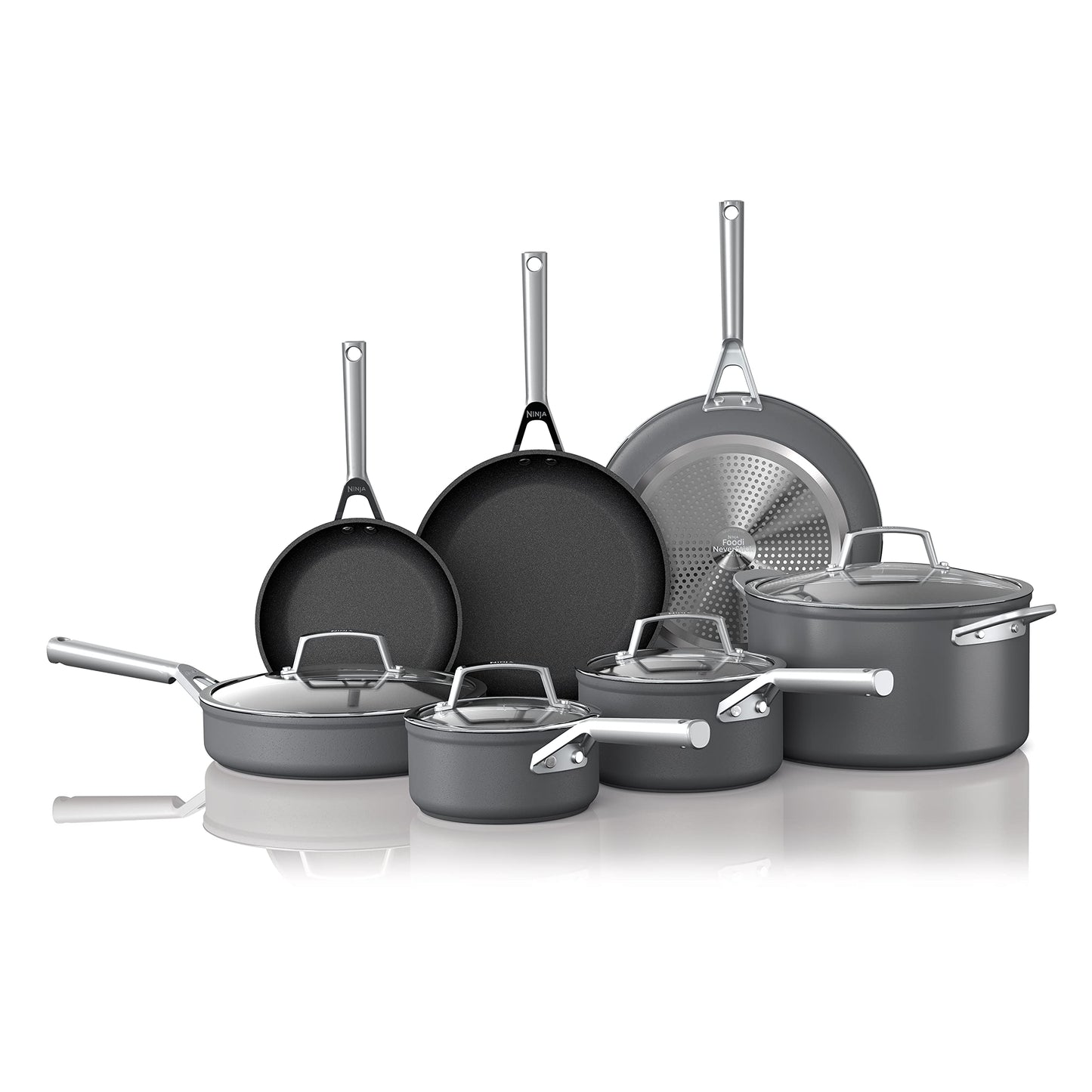 Ninja Cookware, Ninja NeverStick Professional, 16-Piece Pots and Pans Set, Non Stick Frying Pans, Kitchen Essentials, Stock Pot, Sauce Pan, Glass Lids, Saute Pan, All Stovetops, Black, C39900