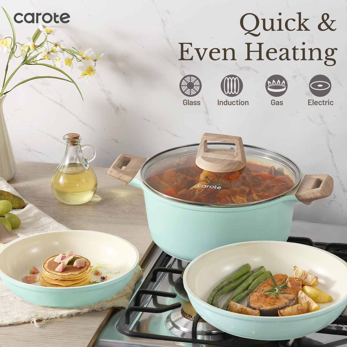 CAROTE 21Pcs Pots and Pans Set, Nonstick Cookware Sets, White Granite Induction Cookware Non Stick Cooking Set w/Frying Pans & Saucepans(PFOS, PFOA Free)