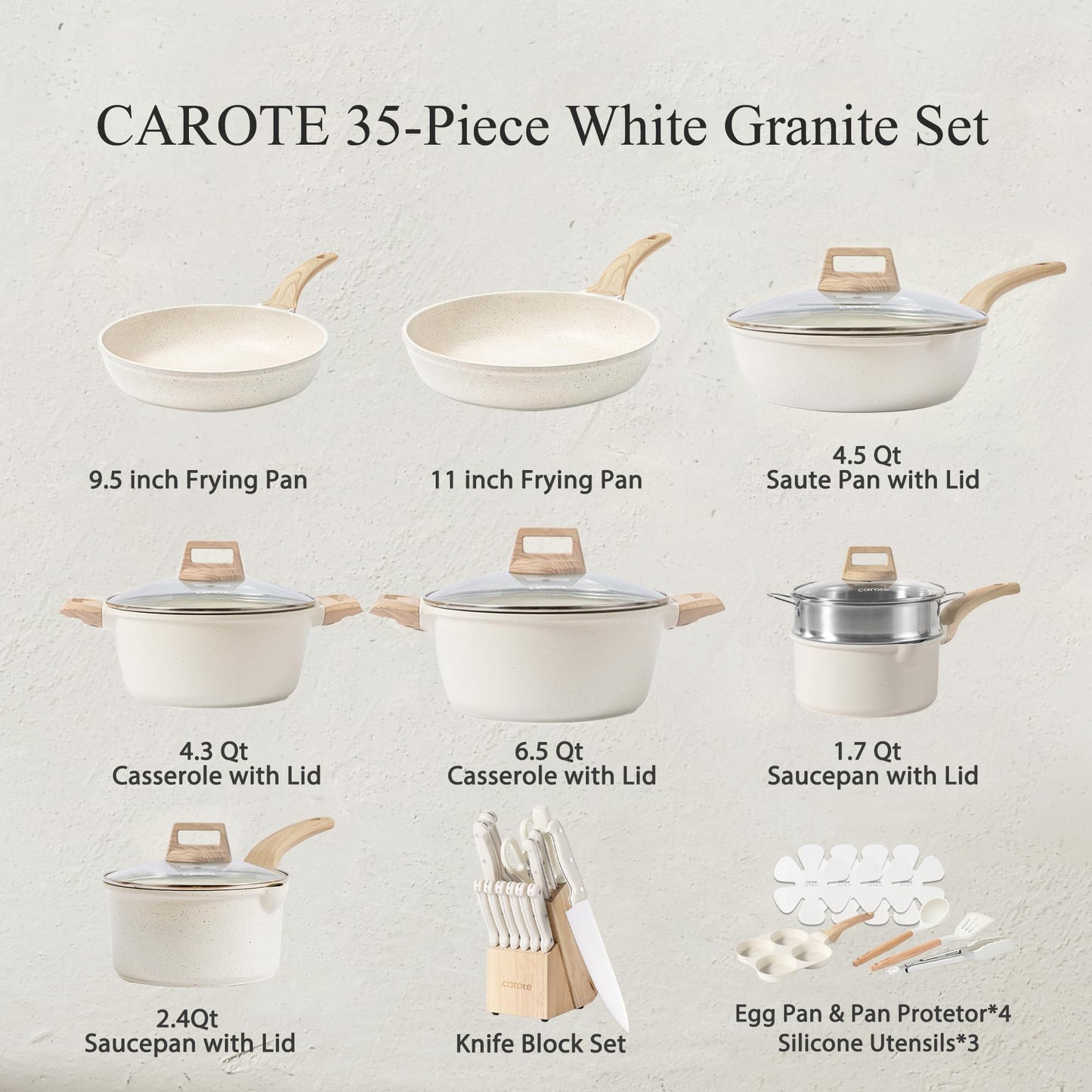 CAROTE 21Pcs Pots and Pans Set, Nonstick Cookware Sets, White Granite Induction Cookware Non Stick Cooking Set w/Frying Pans & Saucepans(PFOS, PFOA Free)