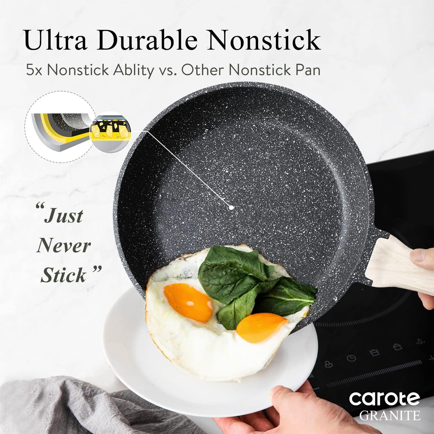 CAROTE 21Pcs Pots and Pans Set, Nonstick Cookware Sets, White Granite Induction Cookware Non Stick Cooking Set w/Frying Pans & Saucepans(PFOS, PFOA Free)