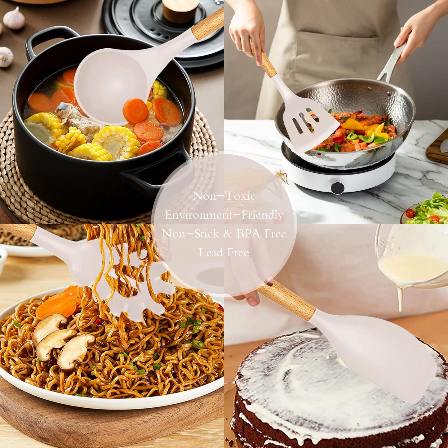 Silicone Cooking Set, 33 Piece Silicone Cooking Set, Non-Stick Heat Resistant, Durable Wooden Handle, Best Kitchen Utensils (Khaki)
