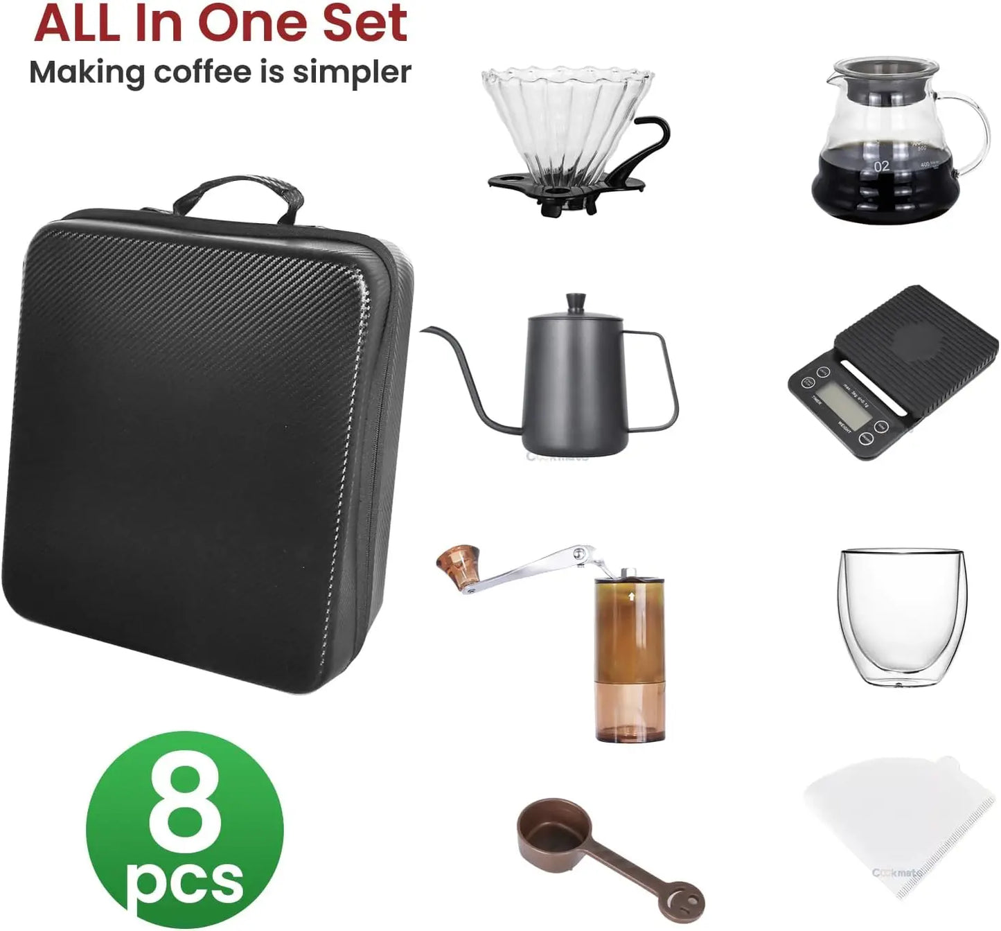 Pour over Coffee Maker Set, Coffee Kettle Scale, Pour over Coffee Dripper, Bean Grinder, Glass Server, Drip Cup, Filter Paper, A