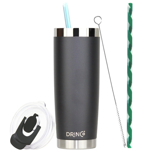 DRINCO® 20oz Insulated Tumbler w/Spill Proof Lid, 2 Straws(Black)