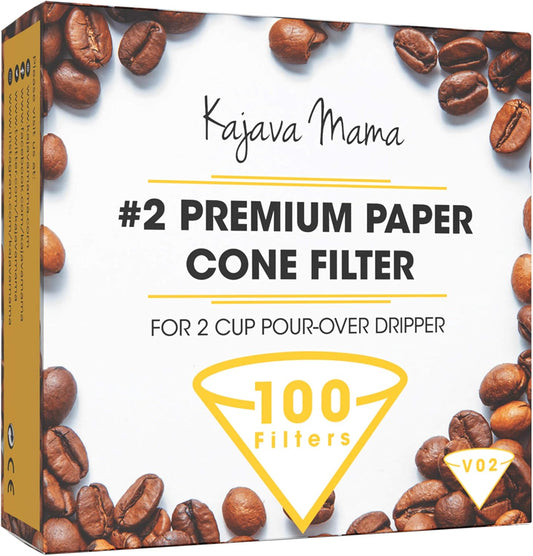 V02 Premium Paper Cone Filter - 100Pc Set of Disposable Filters Designed for 2-Cup Pour over Dripper - Made of the Finest Wood Pulp - Perfect Drip, Full Flavor, No Coffee-Ground Residue