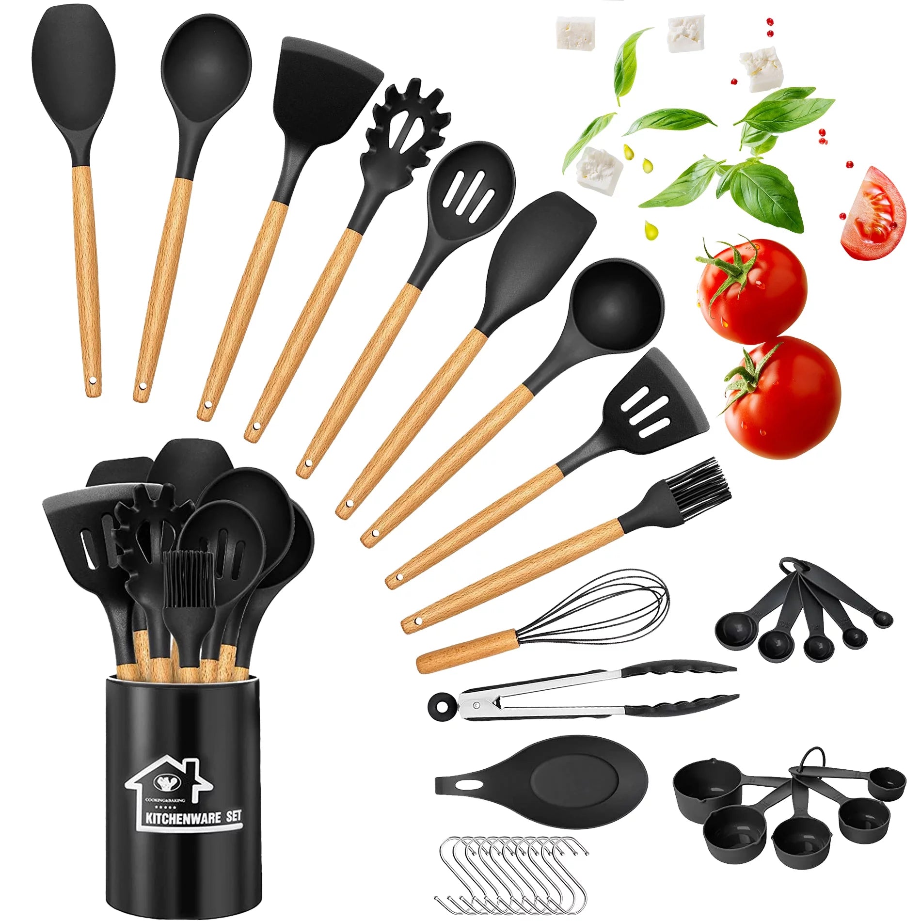 Silicone Cooking Set, 33 Piece Silicone Cooking Set, Non-Stick Heat Resistant, Durable Wooden Handle, Best Kitchen Utensils (Black)