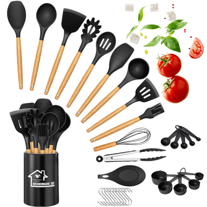 Silicone Cooking Set, 33 Piece Silicone Cooking Set, Non-Stick Heat Resistant, Durable Wooden Handle, Best Kitchen Utensils (Black)