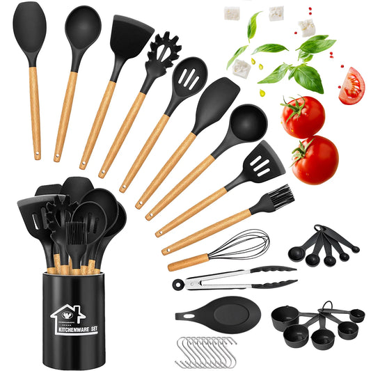 Silicone Cooking Set, 33 Piece Silicone Cooking Set, Non-Stick Heat Resistant, Durable Wooden Handle, Best Kitchen Utensils (Black)