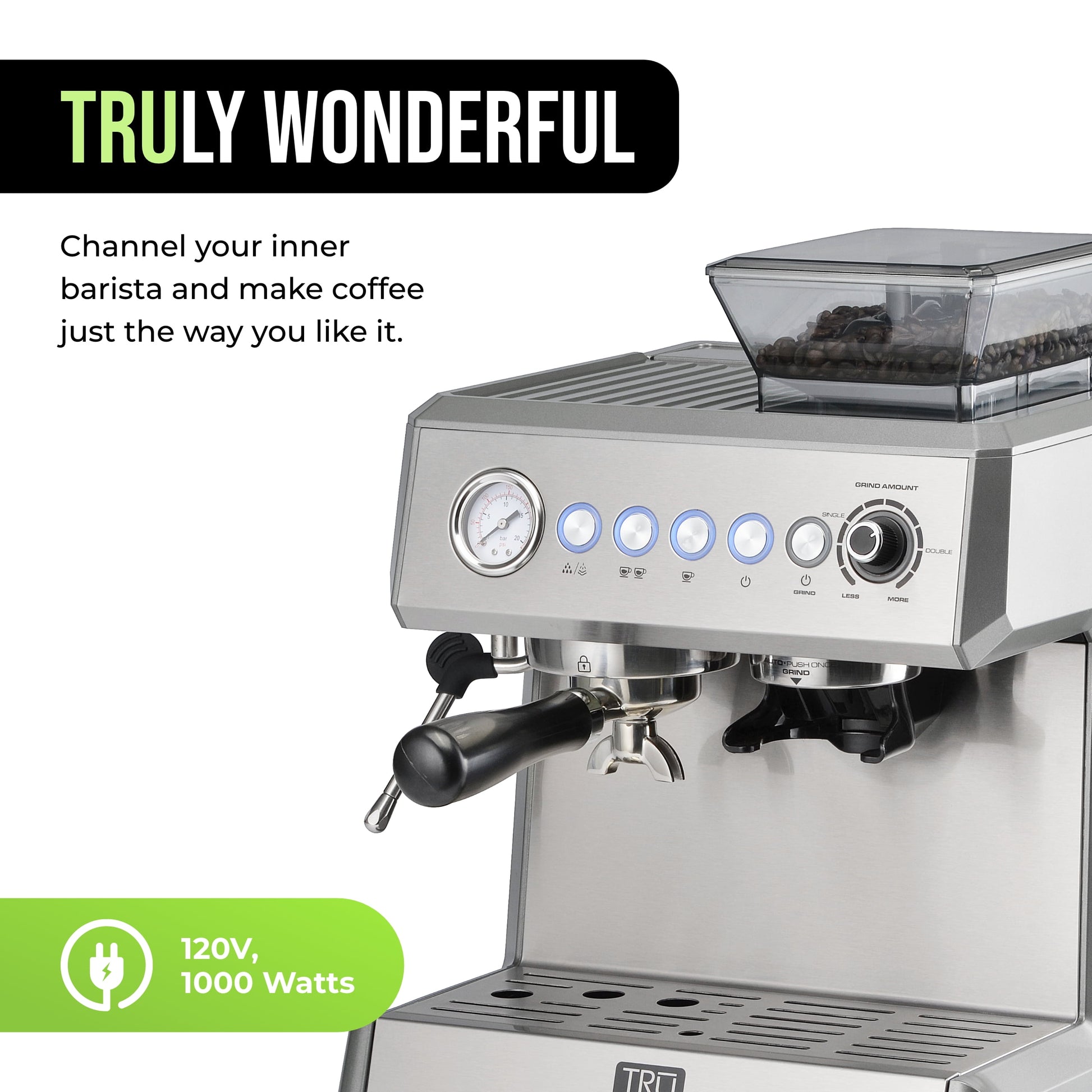 All-In-One Espresso Maker with Grinder & Steam Wand - Premium Espresso Machine with Built-In Coffee Grinder - 15 Bar Pressure Pump - Adjustable Steam Controls & Cup Warmer