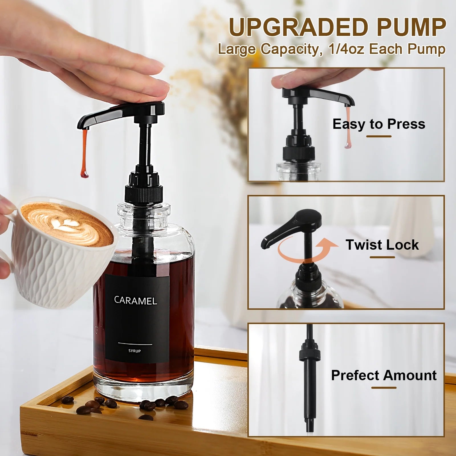 Coffee Syrup Dispenser for Coffee Bar, Glass Syrup Dispenser with 1/4Oz Large Capacity Pump, Coffee Syrup Pump Dispenser Bottle