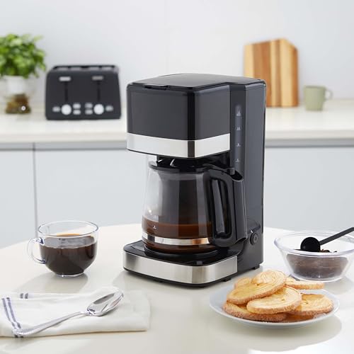 Amazon Basics Programmable 12 Cup Drip Coffee Maker, Coffee Machine with Glass Coffee Pot (1.9 Qt), Auto Shut-off, Touch Screen, Auto Pause, Removable Filter Basket, Black & Silver