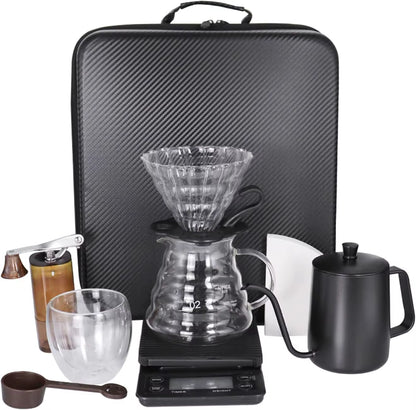 Pour over Coffee Maker Set, Coffee Kettle Scale, Pour over Coffee Dripper, Bean Grinder, Glass Server, Drip Cup, Filter Paper, A