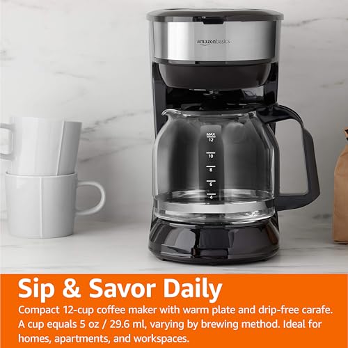 Amazon Basics Programmable 12 Cup Drip Coffee Maker, Coffee Machine with Glass Coffee Pot (1.9 Qt), Auto Shut-off, Touch Screen, Auto Pause, Removable Filter Basket, Black & Silver