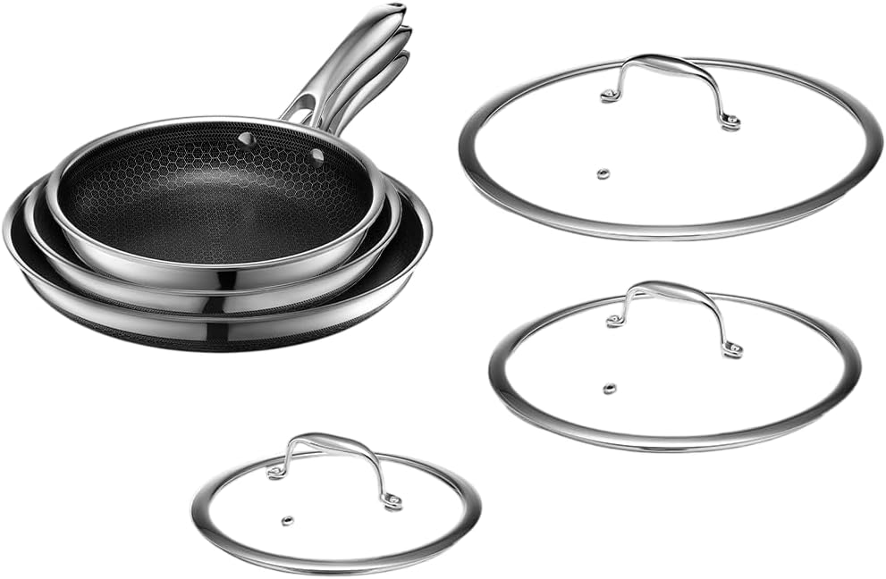 HexClad Hybrid Nonstick 14-Piece Cookware Set, 8", 10", and 12" Pans with Lids, 2, 3, and 8Qt Pots with Lids, and 2 Silicone Trivets, Stay-Cool Handles, Dishwasher and Oven-Safe, Induction Ready