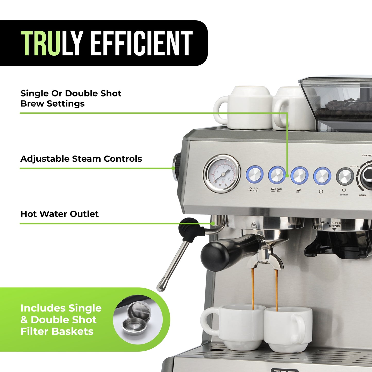 All-In-One Espresso Maker with Grinder & Steam Wand - Premium Espresso Machine with Built-In Coffee Grinder - 15 Bar Pressure Pump - Adjustable Steam Controls & Cup Warmer