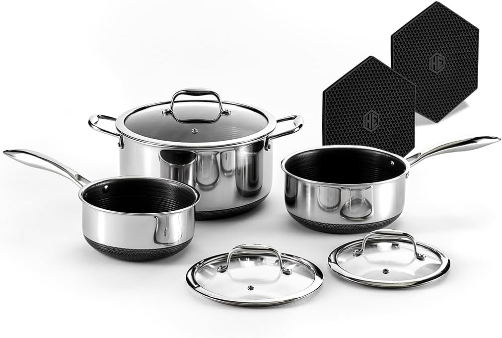 HexClad Hybrid Nonstick 14-Piece Cookware Set, 8", 10", and 12" Pans with Lids, 2, 3, and 8Qt Pots with Lids, and 2 Silicone Trivets, Stay-Cool Handles, Dishwasher and Oven-Safe, Induction Ready
