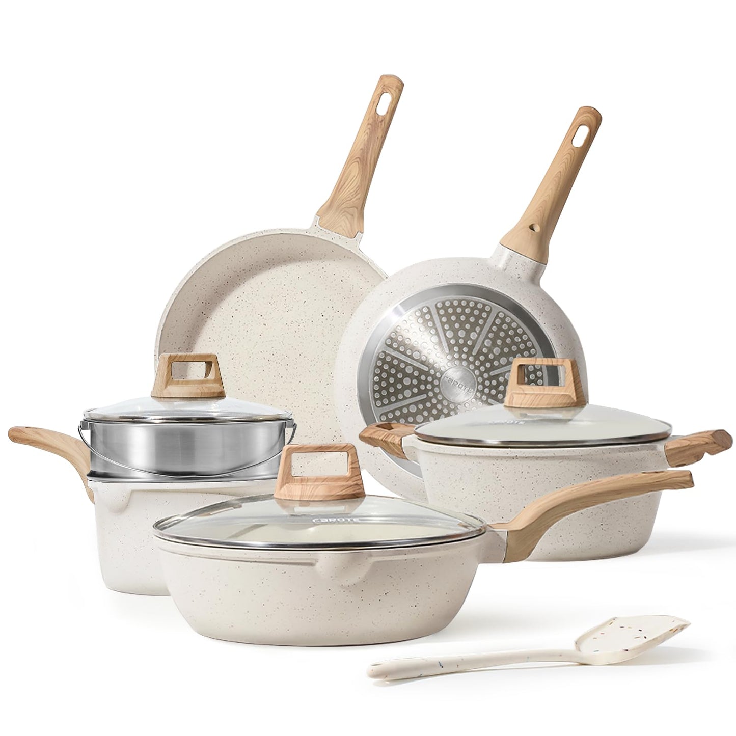 CAROTE 21Pcs Pots and Pans Set, Nonstick Cookware Sets, White Granite Induction Cookware Non Stick Cooking Set w/Frying Pans & Saucepans(PFOS, PFOA Free)