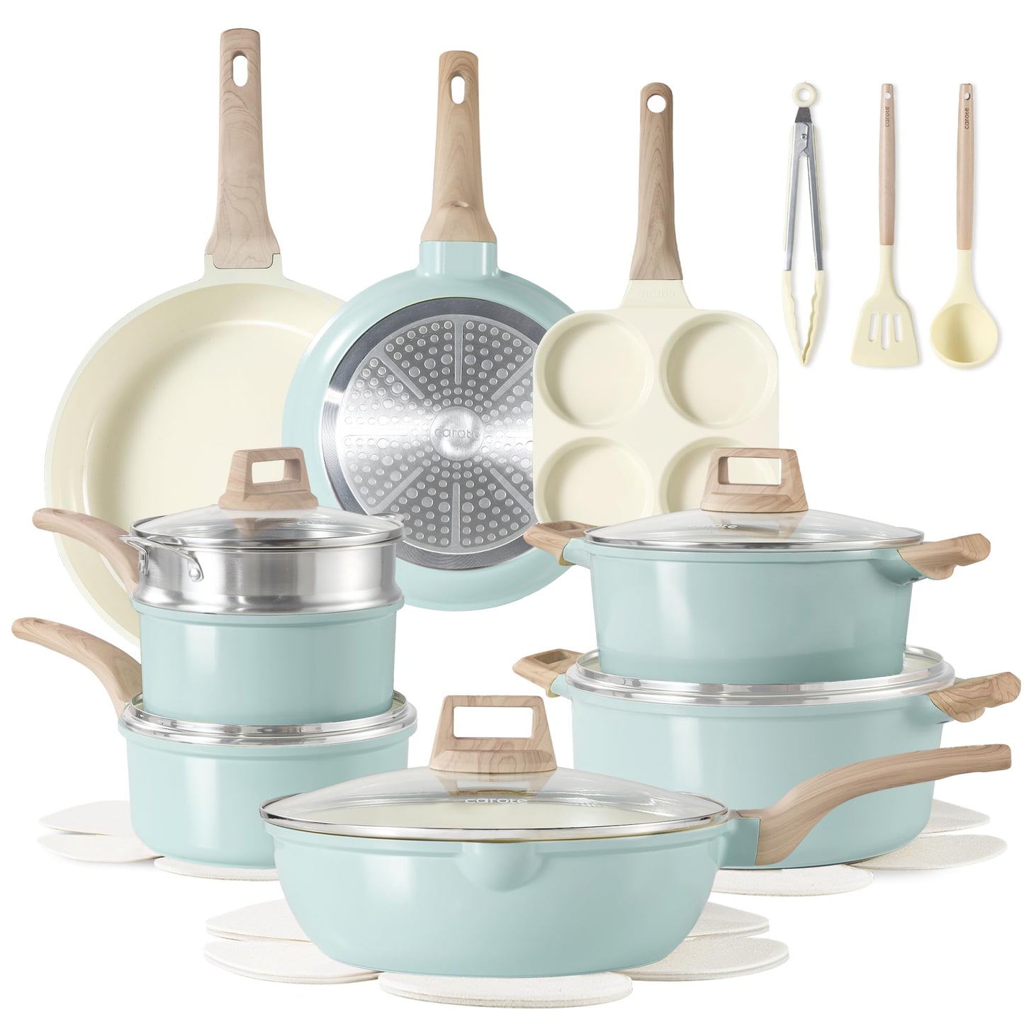 CAROTE 21Pcs Pots and Pans Set, Nonstick Cookware Sets, White Granite Induction Cookware Non Stick Cooking Set w/Frying Pans & Saucepans(PFOS, PFOA Free)