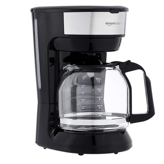 Amazon Basics Programmable 12 Cup Drip Coffee Maker, Coffee Machine with Glass Coffee Pot (1.9 Qt), Auto Shut-off, Touch Screen, Auto Pause, Removable Filter Basket, Black & Silver