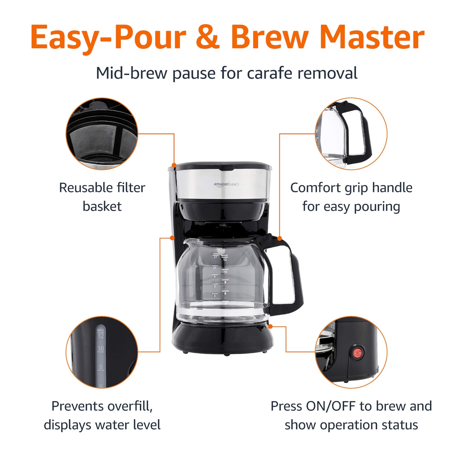 Amazon Basics Programmable 12 Cup Drip Coffee Maker, Coffee Machine with Glass Coffee Pot (1.9 Qt), Auto Shut-off, Touch Screen, Auto Pause, Removable Filter Basket, Black & Silver