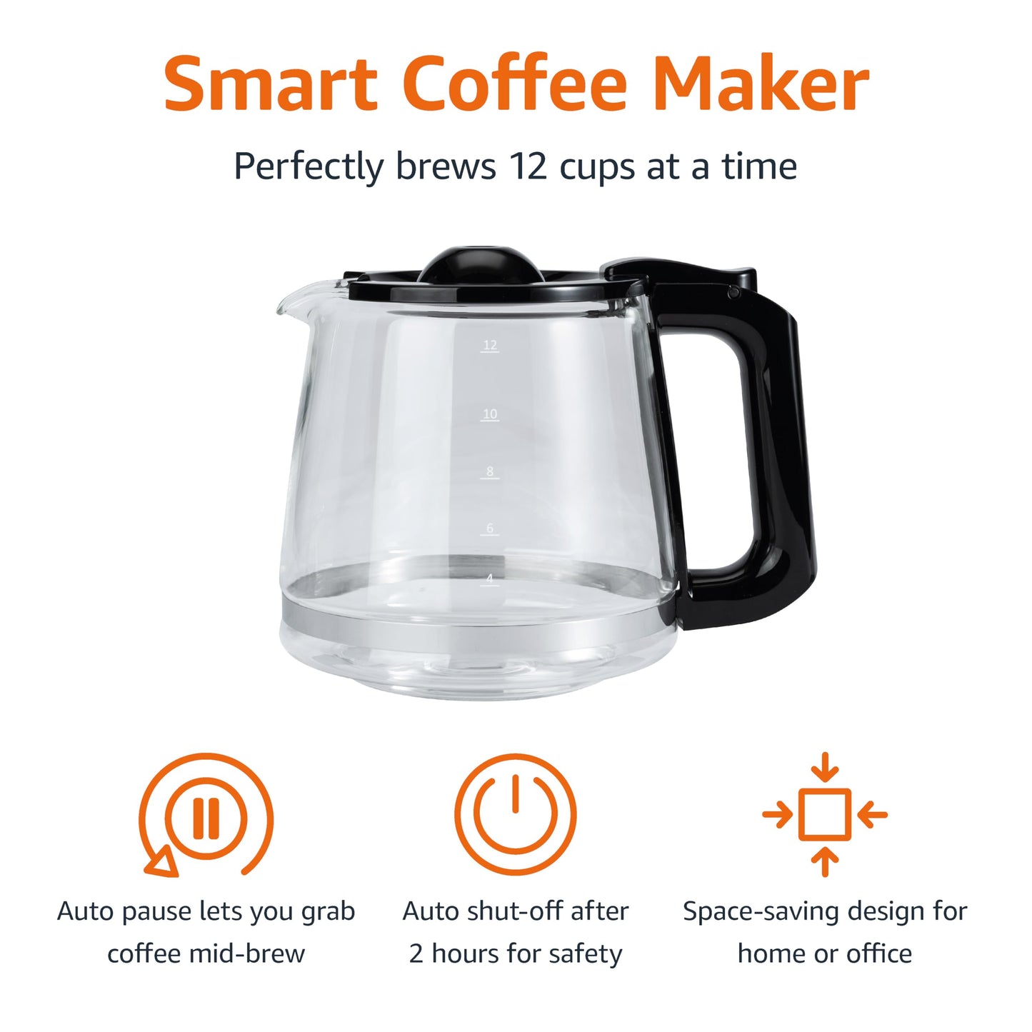 Amazon Basics Programmable 12 Cup Drip Coffee Maker, Coffee Machine with Glass Coffee Pot (1.9 Qt), Auto Shut-off, Touch Screen, Auto Pause, Removable Filter Basket, Black & Silver