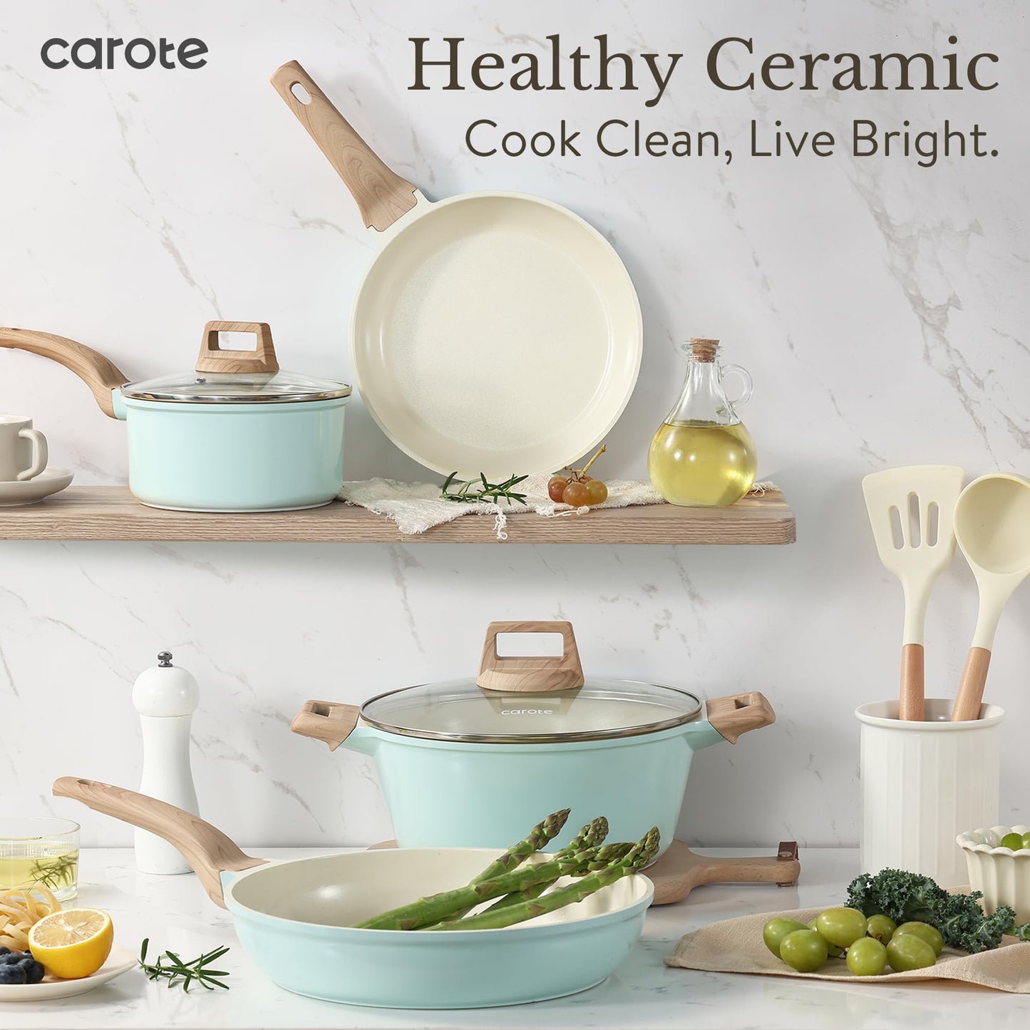 CAROTE 21Pcs Pots and Pans Set, Nonstick Cookware Sets, White Granite Induction Cookware Non Stick Cooking Set w/Frying Pans & Saucepans(PFOS, PFOA Free)