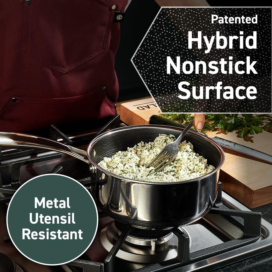 HexClad Hybrid Nonstick 14-Piece Cookware Set, 8", 10", and 12" Pans with Lids, 2, 3, and 8Qt Pots with Lids, and 2 Silicone Trivets, Stay-Cool Handles, Dishwasher and Oven-Safe, Induction Ready