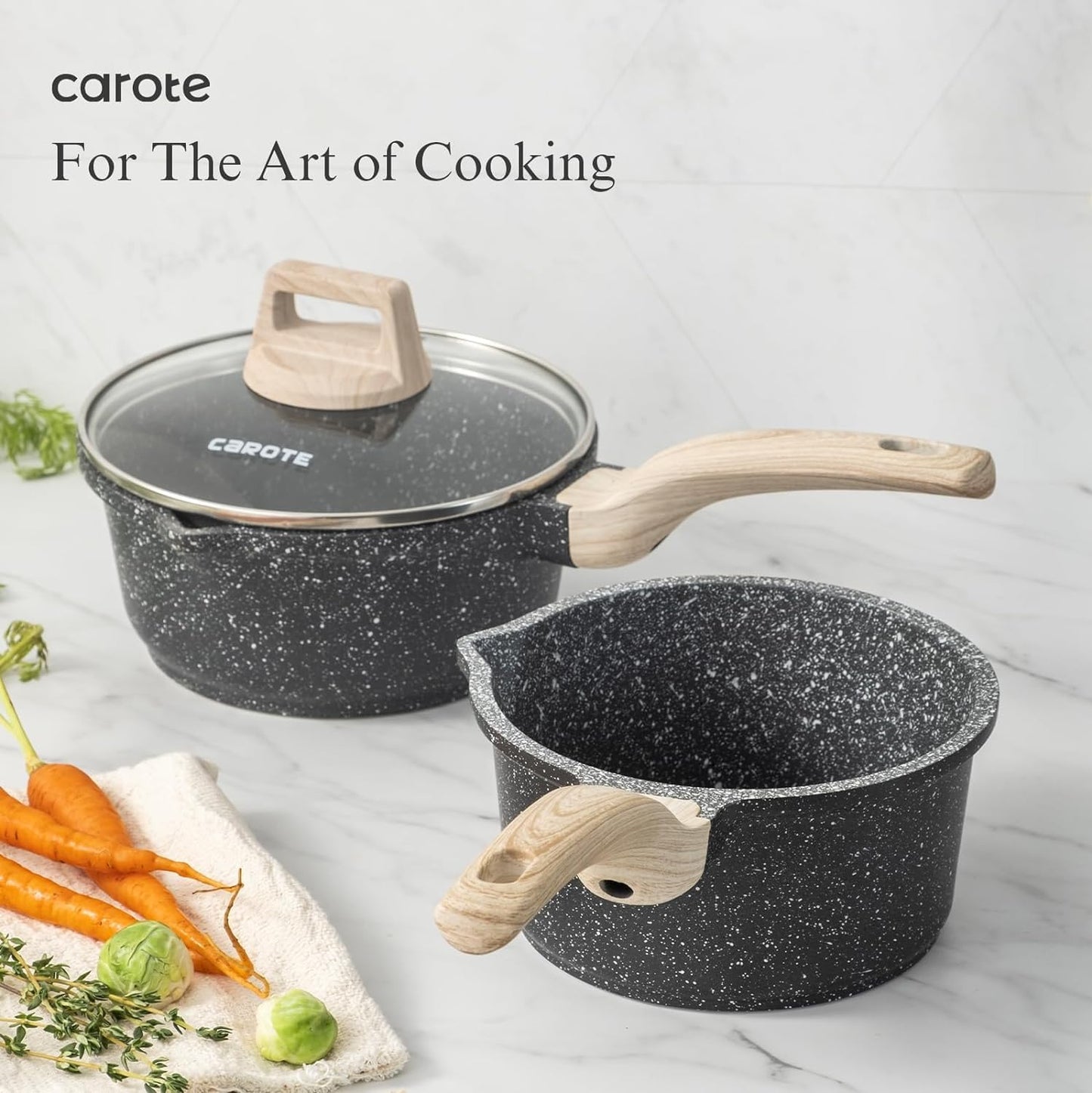 CAROTE 21Pcs Pots and Pans Set, Nonstick Cookware Sets, White Granite Induction Cookware Non Stick Cooking Set w/Frying Pans & Saucepans(PFOS, PFOA Free)
