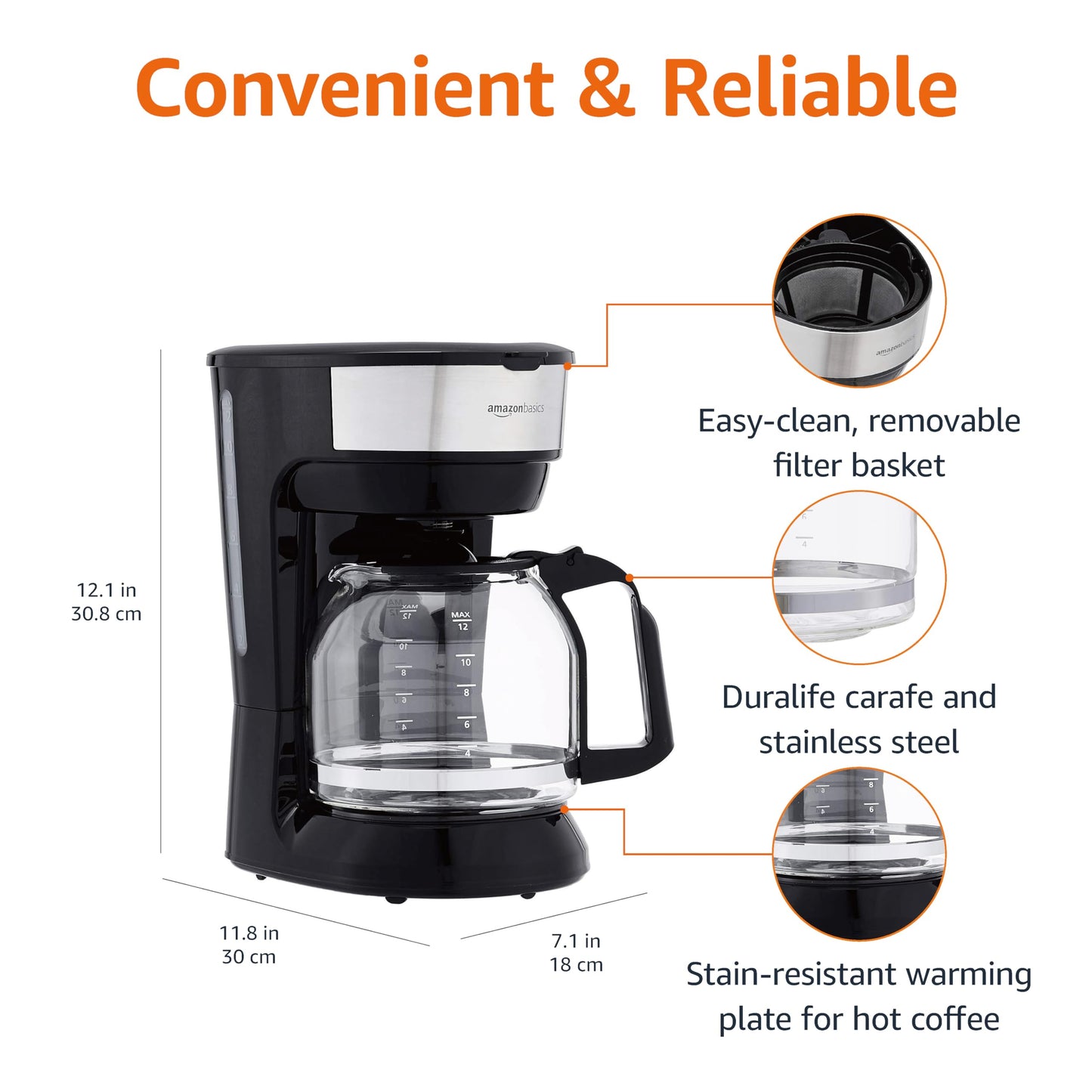 Amazon Basics Programmable 12 Cup Drip Coffee Maker, Coffee Machine with Glass Coffee Pot (1.9 Qt), Auto Shut-off, Touch Screen, Auto Pause, Removable Filter Basket, Black & Silver