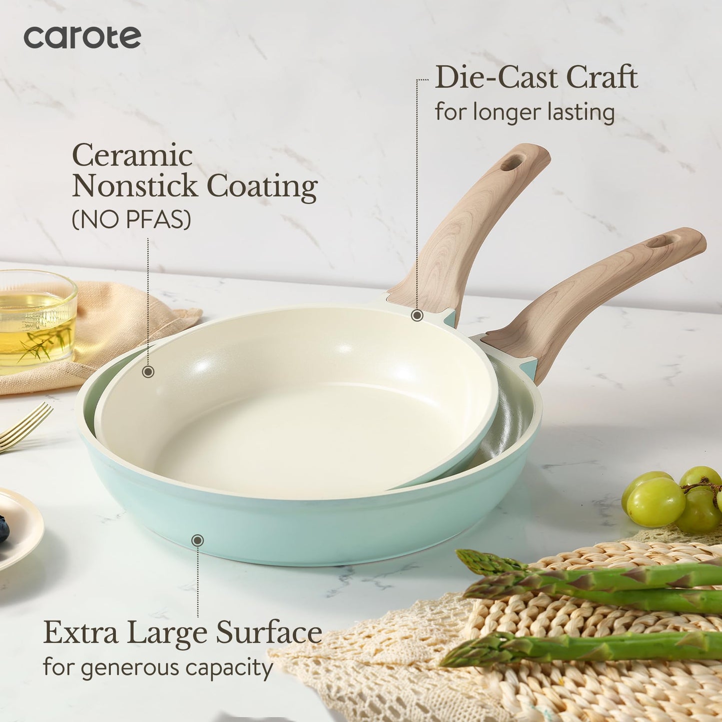 CAROTE 21Pcs Pots and Pans Set, Nonstick Cookware Sets, White Granite Induction Cookware Non Stick Cooking Set w/Frying Pans & Saucepans(PFOS, PFOA Free)