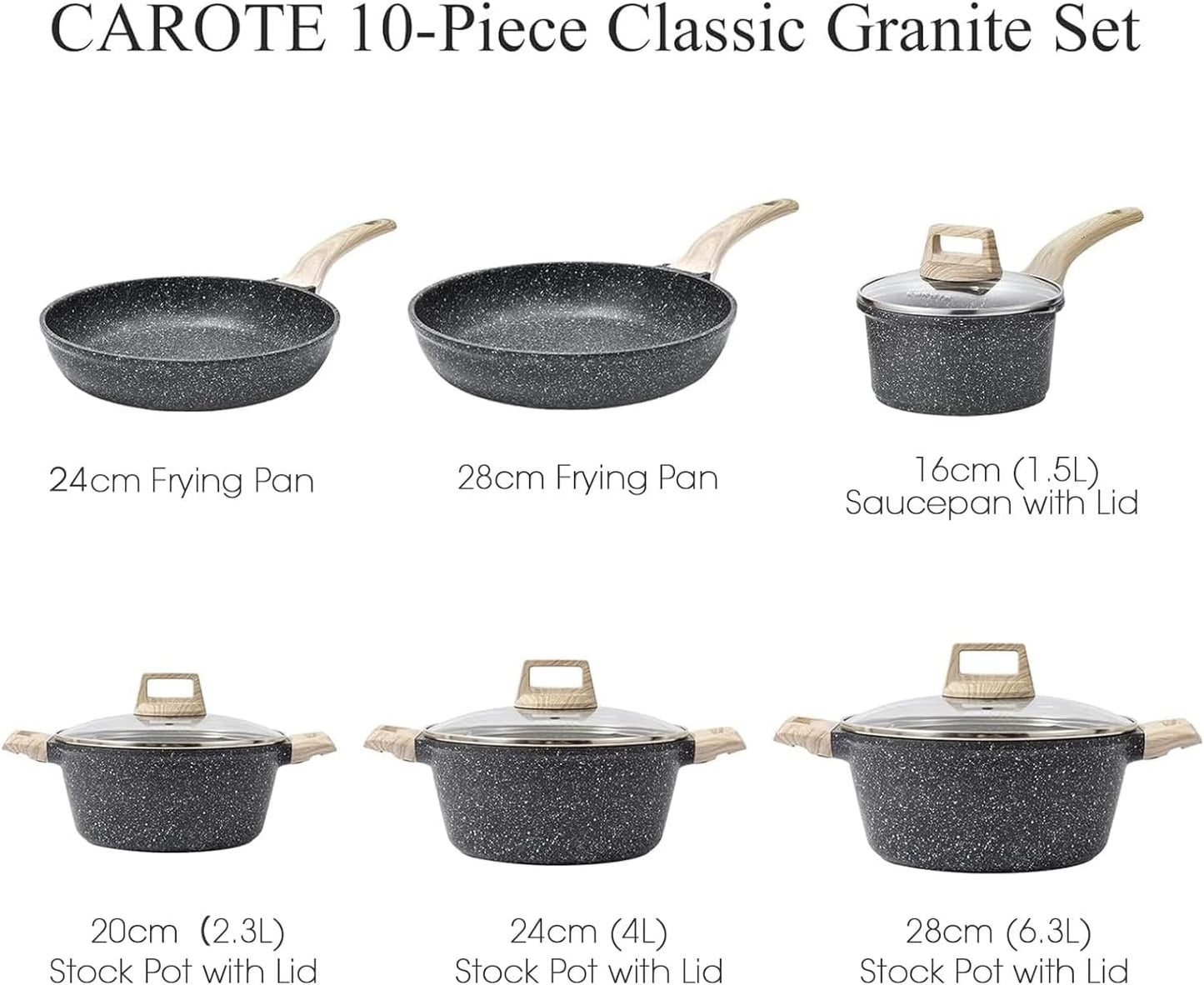 CAROTE 21Pcs Pots and Pans Set, Nonstick Cookware Sets, White Granite Induction Cookware Non Stick Cooking Set w/Frying Pans & Saucepans(PFOS, PFOA Free)