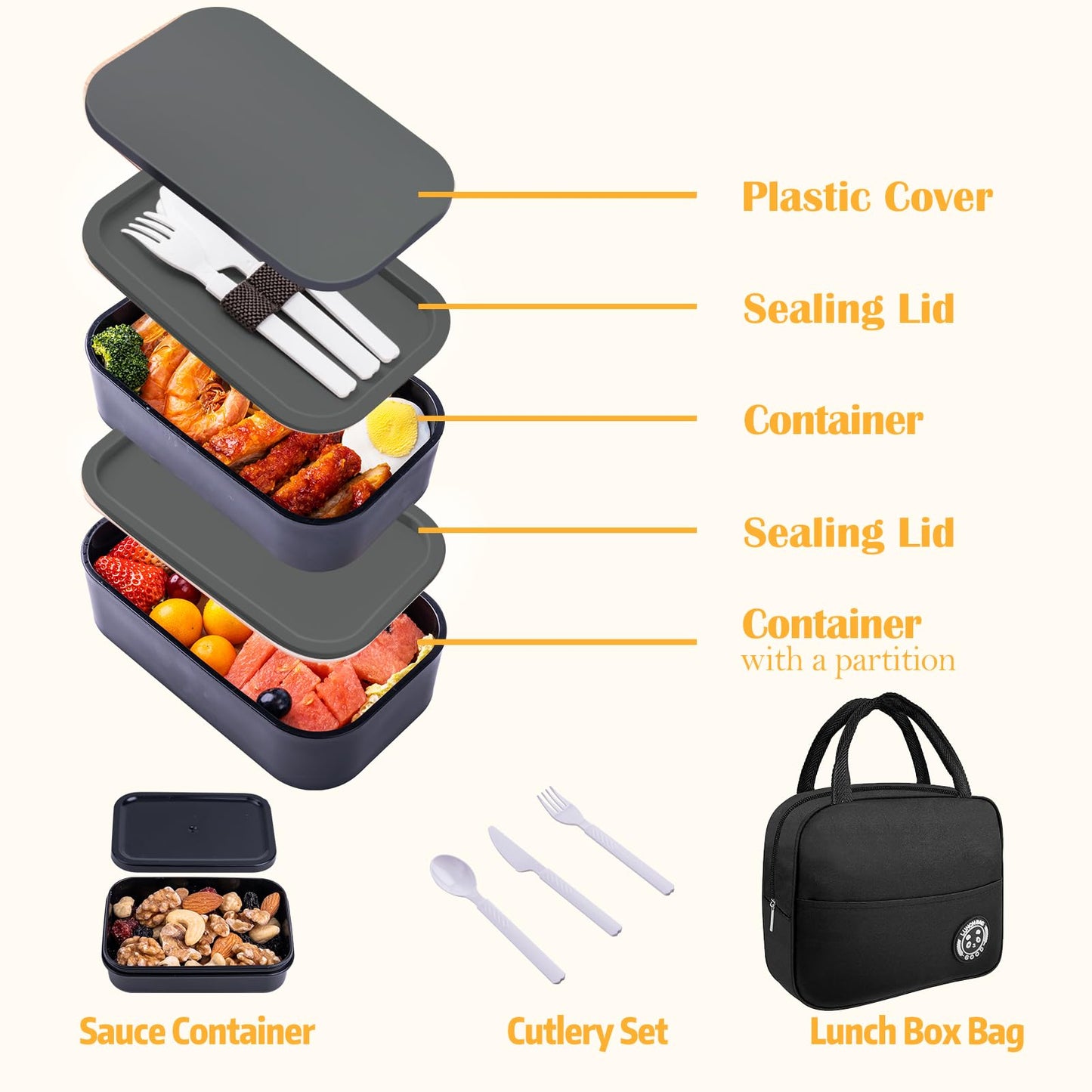 Bento Box with Lunch Bag Microwavable All-in-One Meal Prep Compartment Lunch Containers with Utensils Leak Resistant Lunch Box with Sauce Container 60oz White