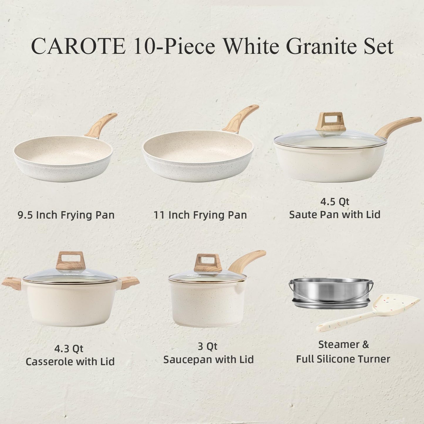 CAROTE 21Pcs Pots and Pans Set, Nonstick Cookware Sets, White Granite Induction Cookware Non Stick Cooking Set w/Frying Pans & Saucepans(PFOS, PFOA Free)