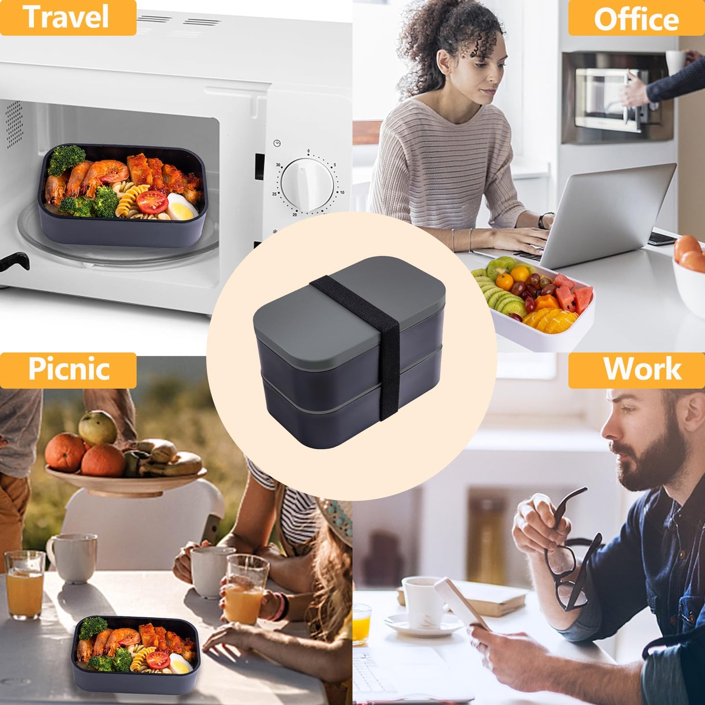 Bento Box with Lunch Bag Microwavable All-in-One Meal Prep Compartment Lunch Containers with Utensils Leak Resistant Lunch Box with Sauce Container 60oz White