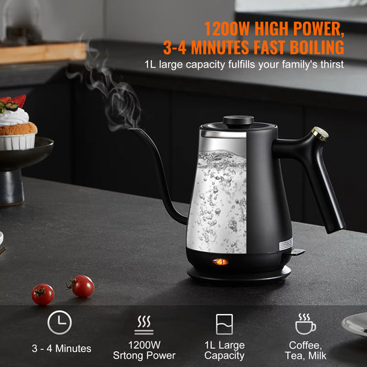 Electric Gooseneck Kettle 1L 1200W Fast Heating Gooseneck Pour over Coffee Tea Kettle 304 Food Grade