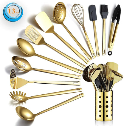 13 Pieces Gold Cooking Utensils Set, Stainless Steel Kitchen Utensils Set with Utensil Holder