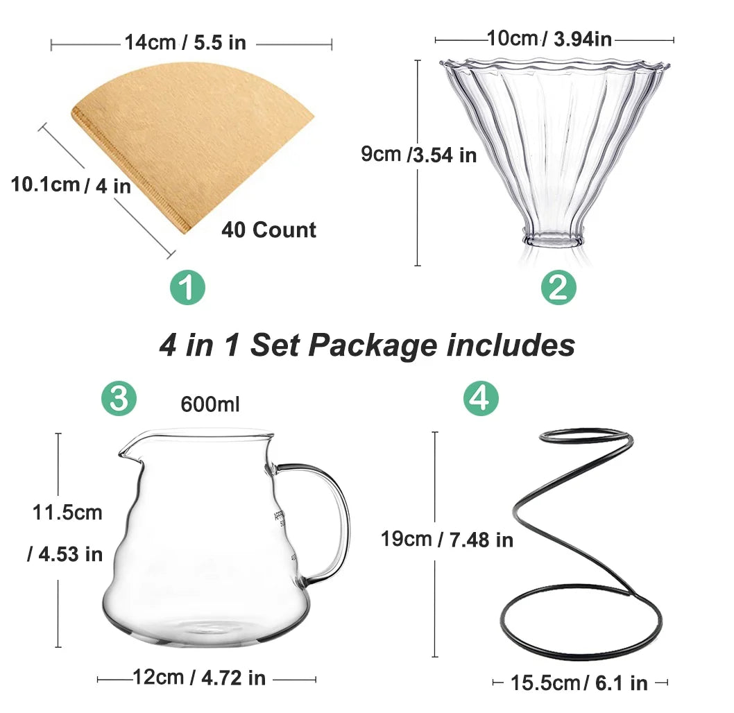 Pour over Coffee Maker Set – Includes Glass Coffee Dripper, Metal Dripper Stand, Heat Resistance 600Ml Coffee Server and 40 Count Paper Coffee Filters, 4 in 1 Black Set