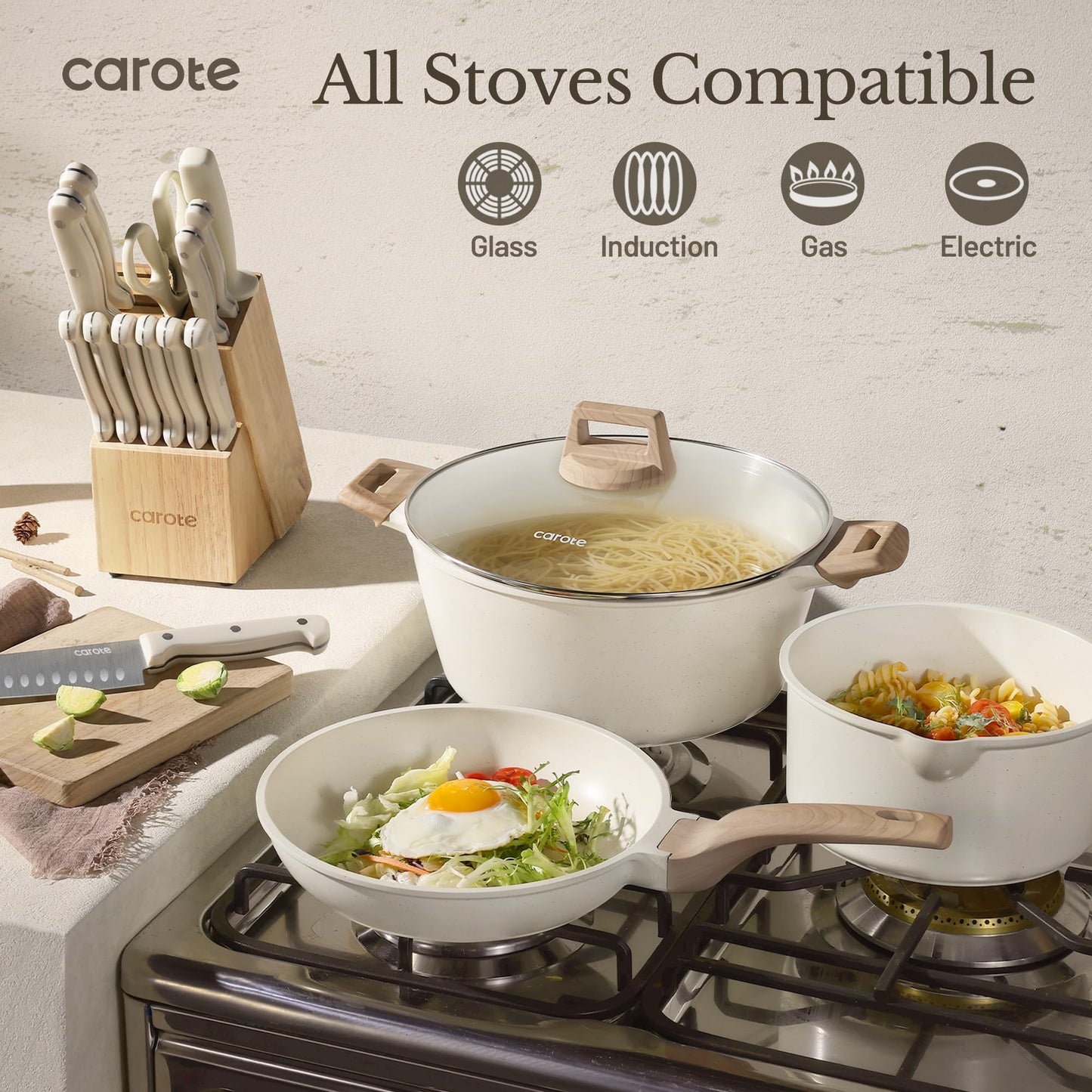 CAROTE 21Pcs Pots and Pans Set, Nonstick Cookware Sets, White Granite Induction Cookware Non Stick Cooking Set w/Frying Pans & Saucepans(PFOS, PFOA Free)