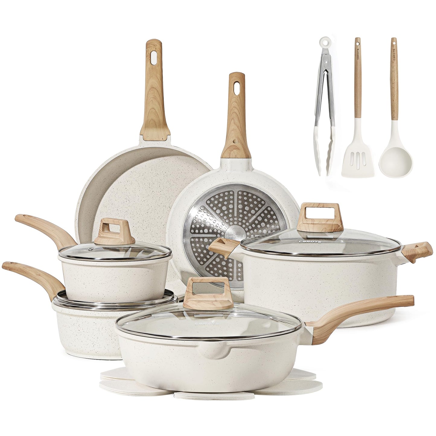 CAROTE 21Pcs Pots and Pans Set, Nonstick Cookware Sets, White Granite Induction Cookware Non Stick Cooking Set w/Frying Pans & Saucepans(PFOS, PFOA Free)